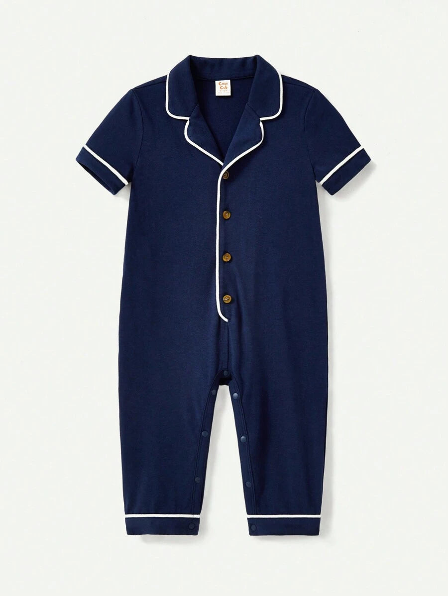 Cozy Pixies Baby Boy Casual Turn-Down Collar Color Block Long Jumpsuit