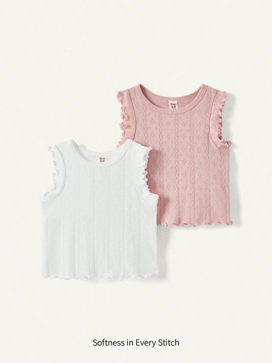 Mummy & Mee, Cozy Pixies Baby Girl 2pcs Solid Casual Round Neck Lettuce Trim Tank Top