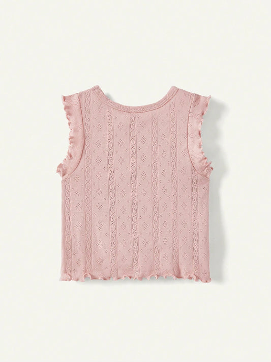 Mummy & Mee, Cozy Pixies Baby Girl 2pcs Solid Casual Round Neck Lettuce Trim Tank Top
