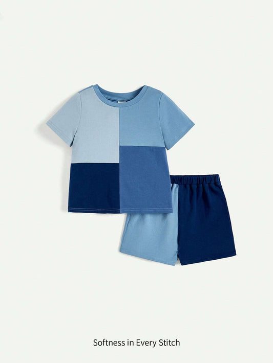 Baby Boy Color-Block Round Neck Short Sleeves Top And Shorts Blue