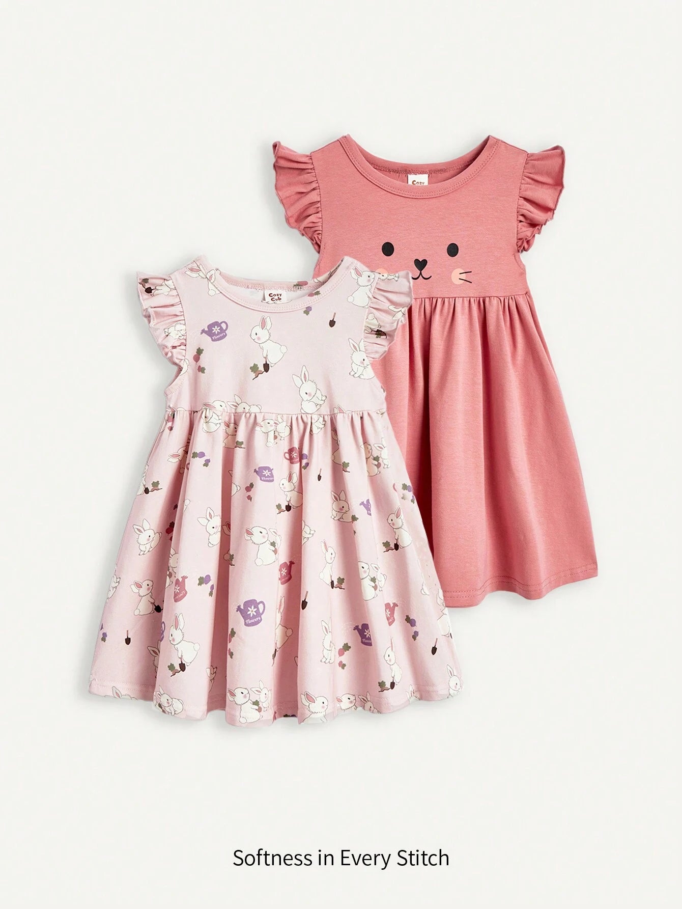 Baby Girl Cartoon Bunny Patterned Short Sleeve Dress With Ruffles And Waistband Pink