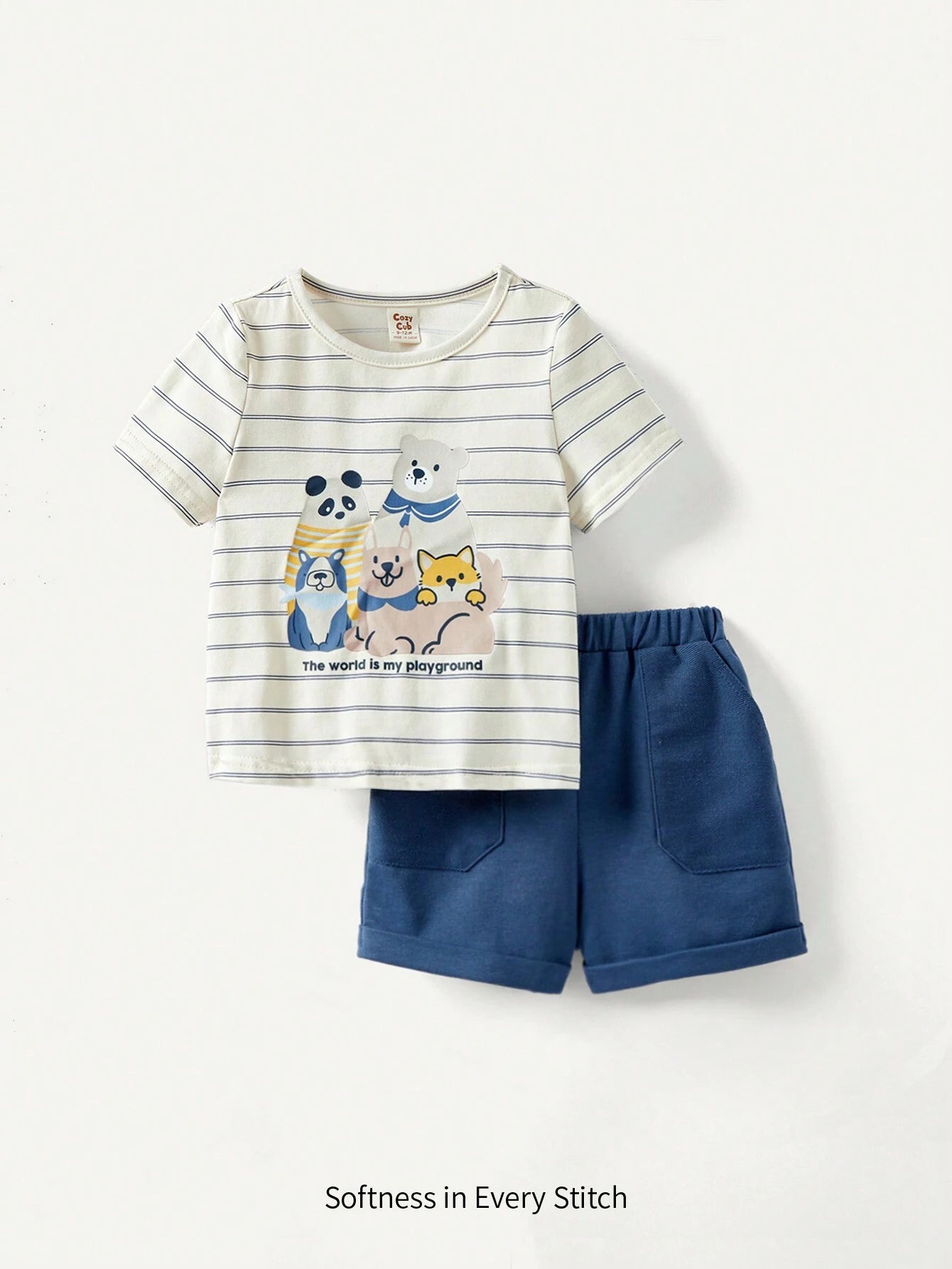 Baby Boy Cartoon Animal Print Short Sleeve Top & Shorts Dusty Blue