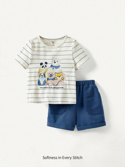 Baby Boy Cartoon Animal Print Short Sleeve Top & Shorts Dusty Blue
