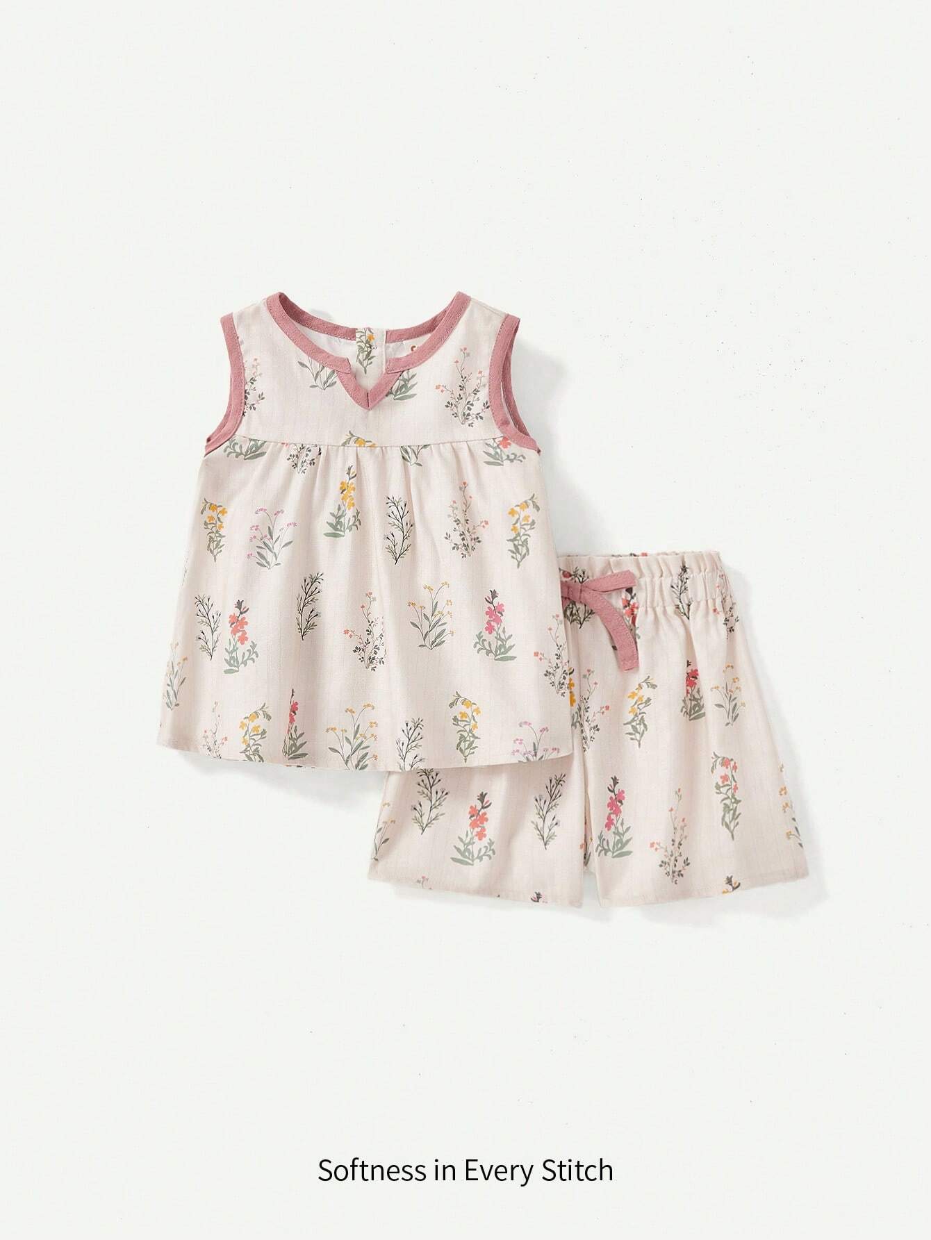 Baby Girl Floral Pattern Colorblock Tank Top And Casual Shorts 2pcs Outfit Pink