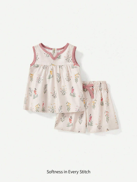 Baby Girl Floral Pattern Colorblock Tank Top And Casual Shorts 2pcs Outfit Pink