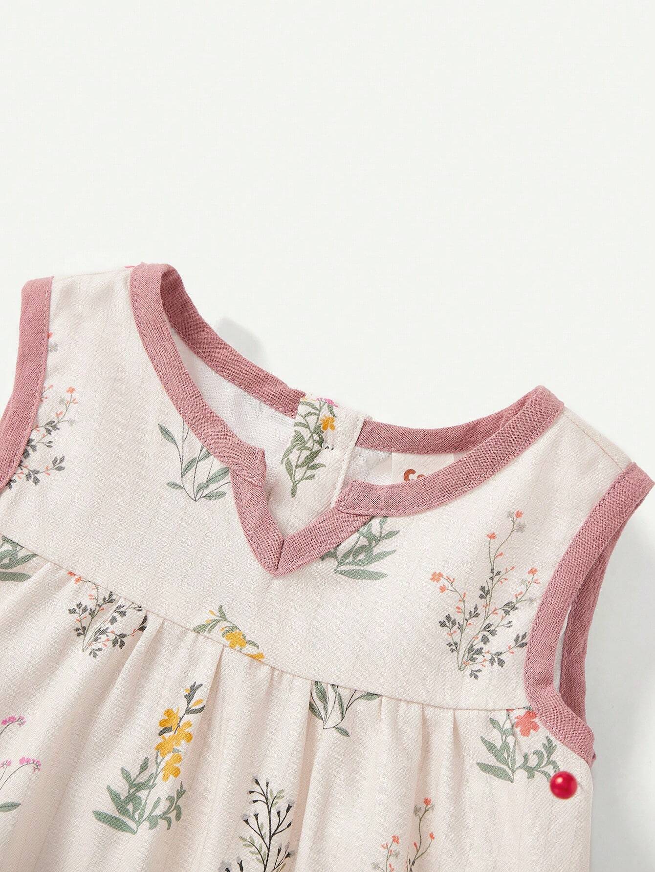 Baby Girl Floral Pattern Colorblock Tank Top And Casual Shorts 2pcs Outfit