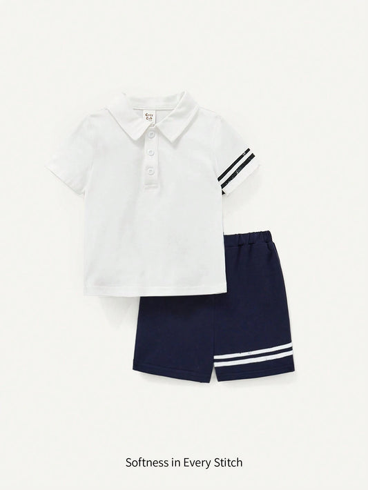 Baby Boys' Casual Turn-Down Collar Pullover And Shorts Blue & White