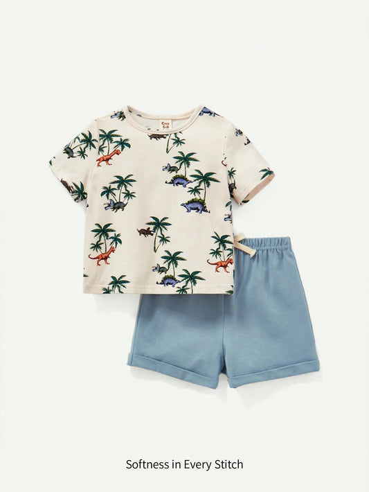 Baby Boy Casual Coconut Tree Pattern Round Neck Short Sleeve T-Shirt And Shorts Set