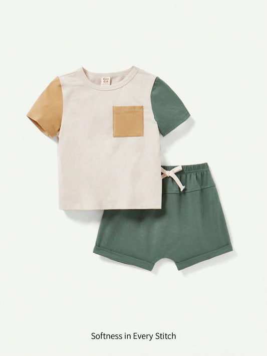 Baby Boys' Color Block Round Neck Short Sleeve Top And Solid Color Shorts Set Green