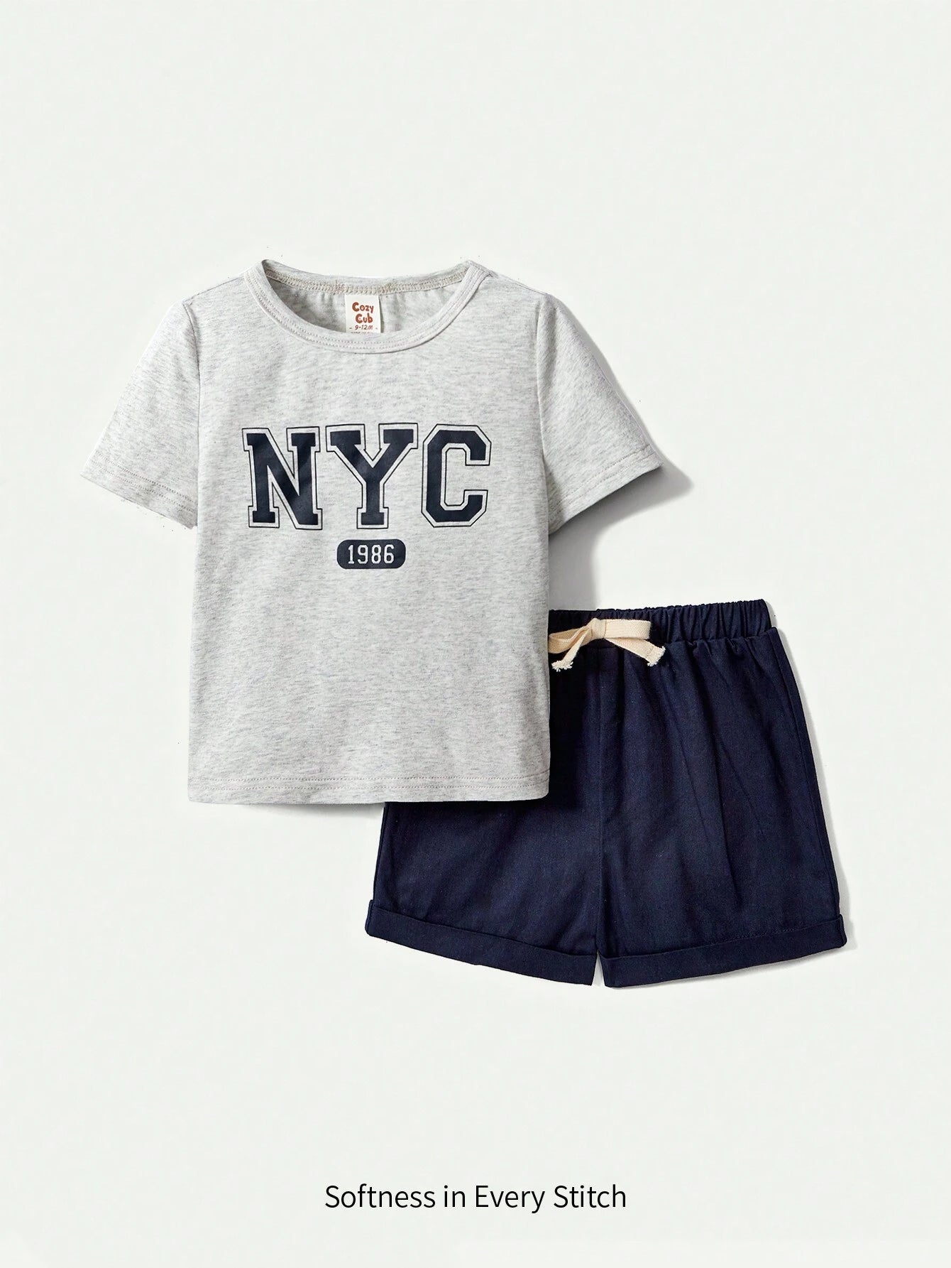 Baby Boys' Letter Printed Round Neck T-Shirt & Solid Color Shorts Set Navy Blue