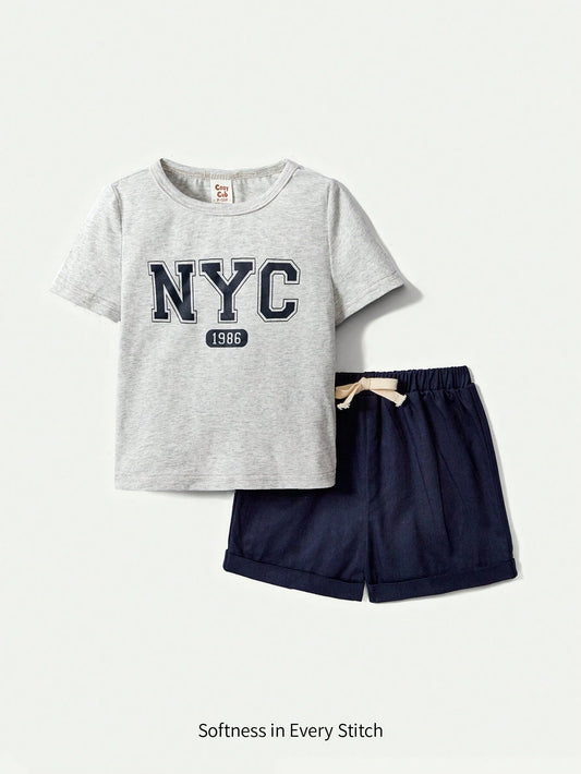 Baby Boys' Letter Printed Round Neck T-Shirt & Solid Color Shorts Set Navy Blue