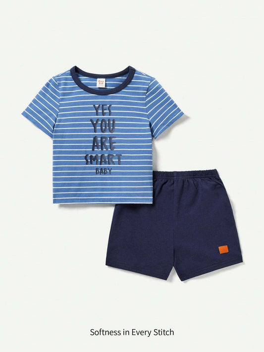 Baby Boy's Letter Pattern Blue Striped Short Sleeve T-Shirt And Solid Color Shorts Blue