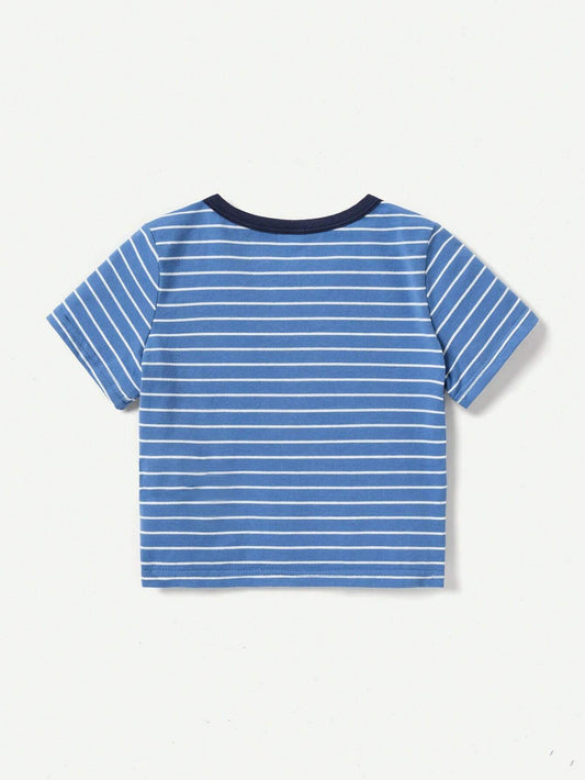 Baby Boy's Letter Pattern Blue Striped Short Sleeve T-Shirt And Solid Color Shorts