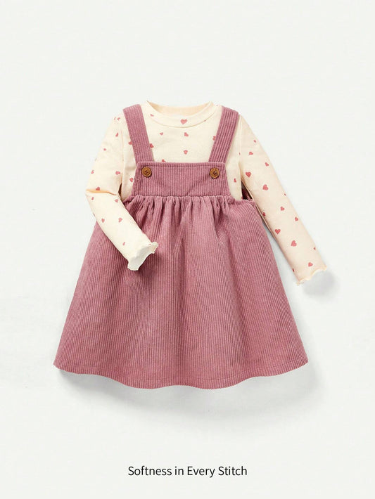 Baby Girls' Heart Pattern Round Neck Long Sleeve Top And Suspender Skirt Set Pink 9-12M