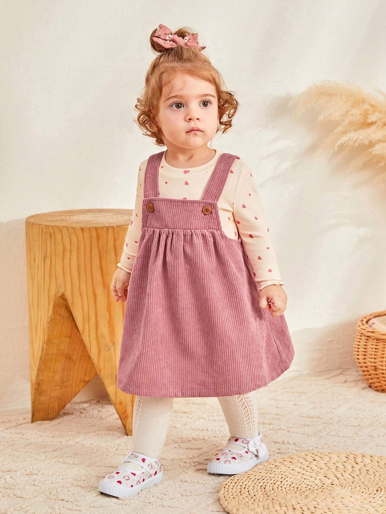 Baby Girls' Heart Pattern Round Neck Long Sleeve Top And Suspender Skirt Set