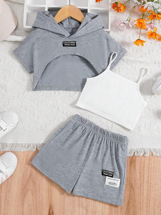 Young Girl Hem Short Sleeve Hoodie, Solid Color Tank Top And Shorts Grey