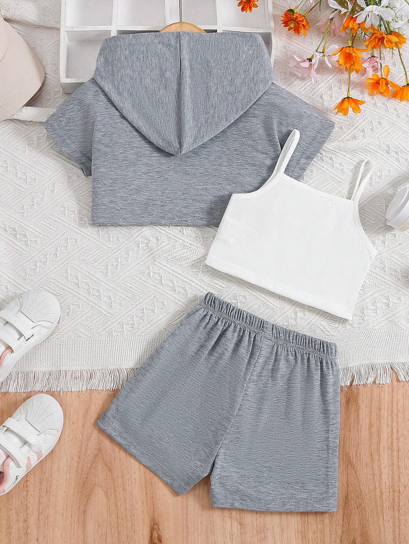 Young Girl Hem Short Sleeve Hoodie, Solid Color Tank Top And Shorts
