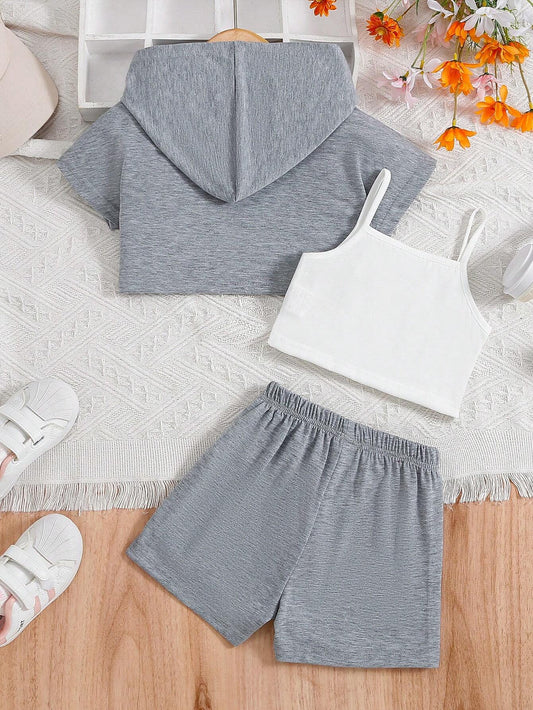 Young Girl Hem Short Sleeve Hoodie, Solid Color Tank Top And Shorts