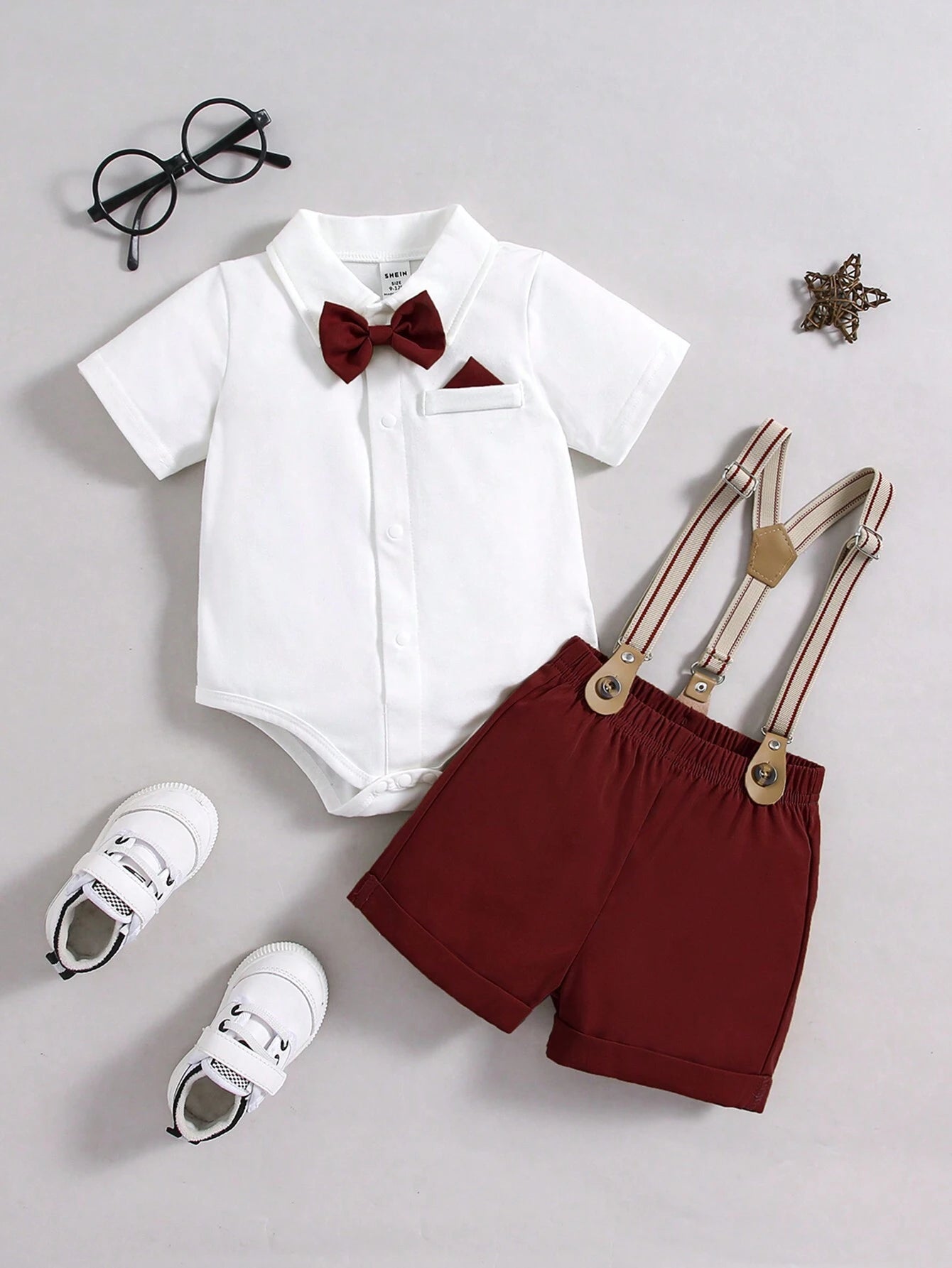 Bow Knot Turn-Down Collar Short Sleeve Bodysuit With Suspenders Shorts Burgundy