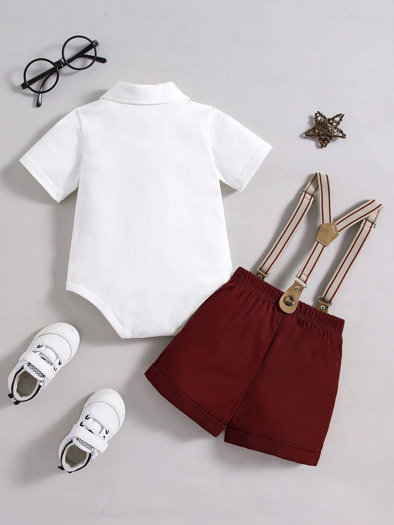 Bow Knot Turn-Down Collar Short Sleeve Bodysuit With Suspenders Shorts