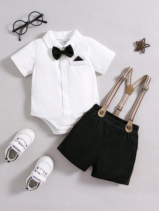 Bow Knot Turn-Down Collar Short Sleeve Bodysuit With Suspenders Shorts Black