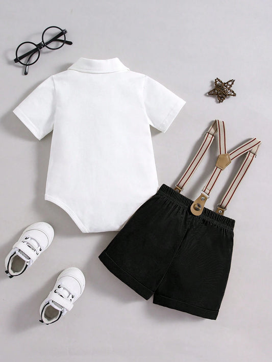 Bow Knot Turn-Down Collar Short Sleeve Bodysuit With Suspenders Shorts