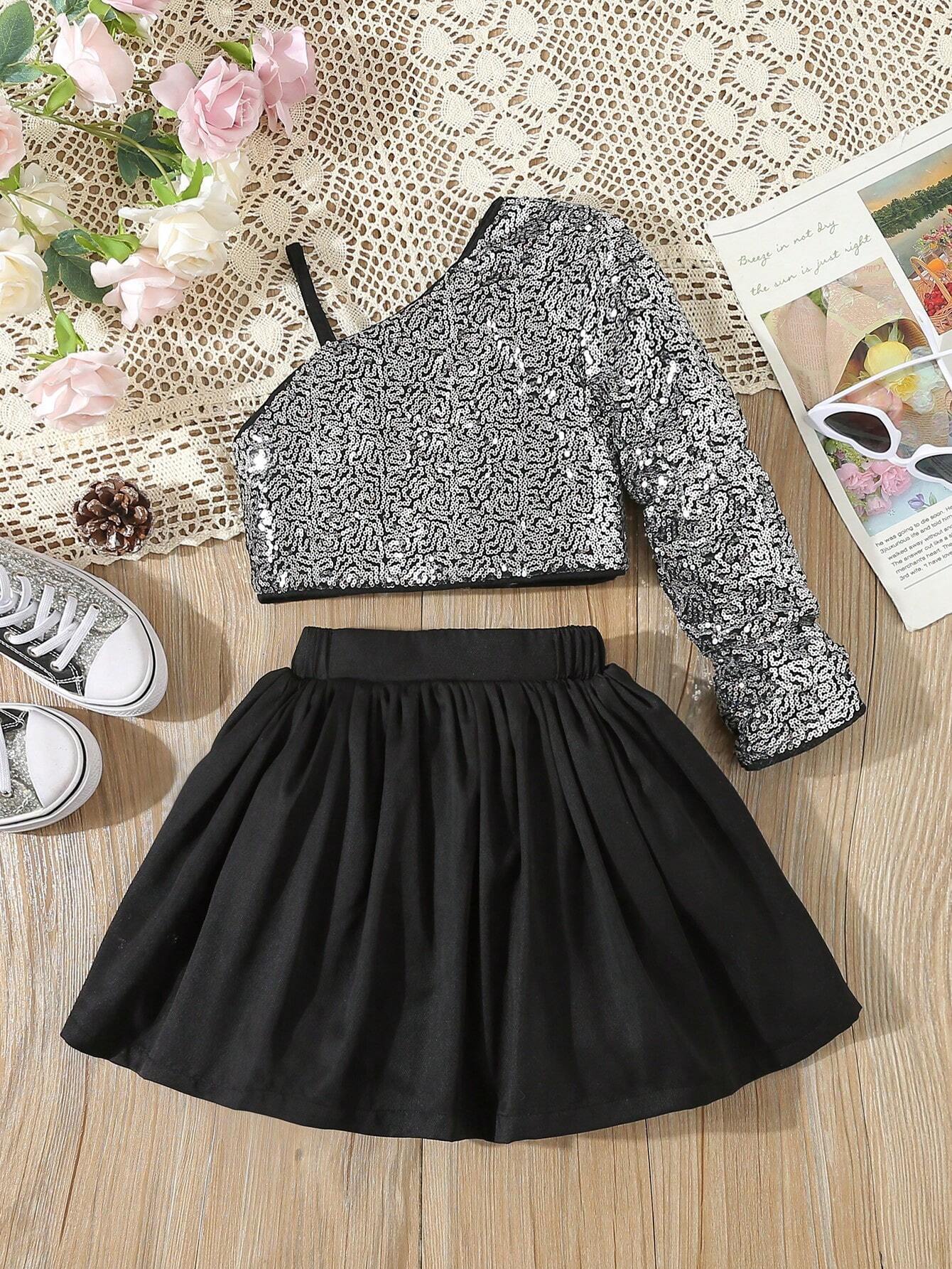 Young Girls Elegant Birthday Party Suit, Sequined Cold Shoulder Top With Puff Solid Color Skirt Black