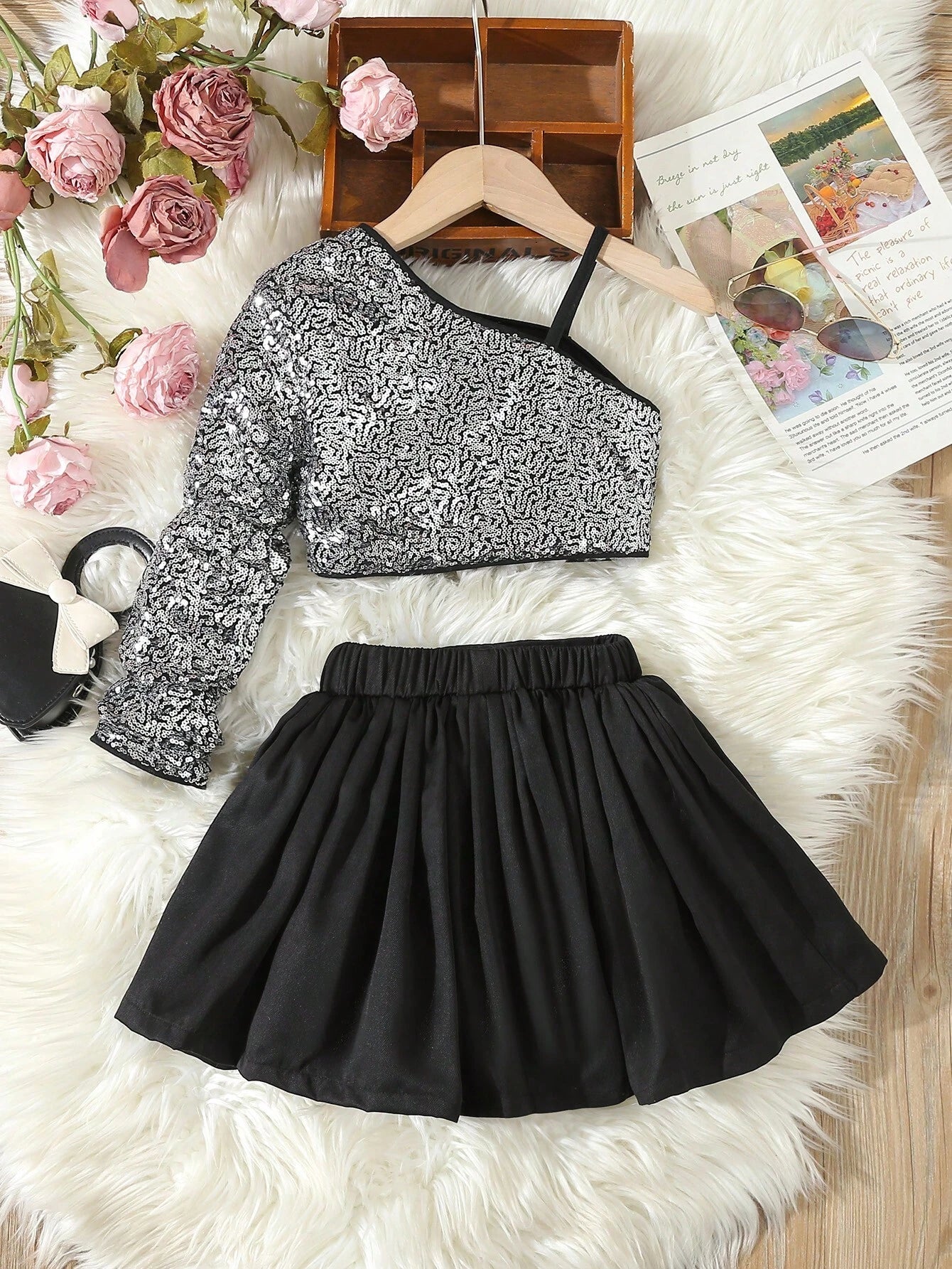 Young Girls Elegant Birthday Party Suit, Sequined Cold Shoulder Top With Puff Solid Color Skirt