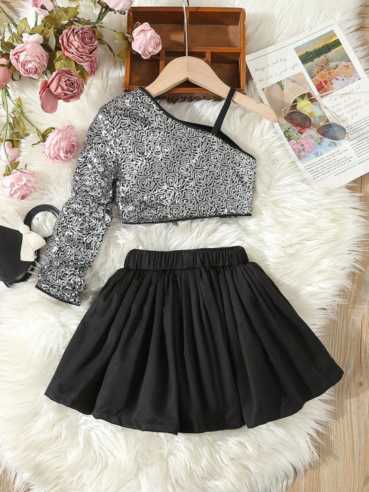 Young Girls Elegant Birthday Party Suit, Sequined Cold Shoulder Top With Puff Solid Color Skirt