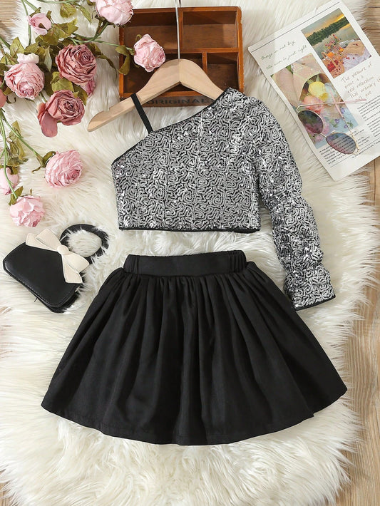Young Girls Elegant Birthday Party Suit, Sequined Cold Shoulder Top With Puff Solid Color Skirt