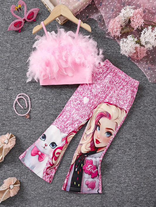 Young Girls Y2K Millennium Style 2-Piece Printed Pants & Feather Patchwork Crop Top Set Pink