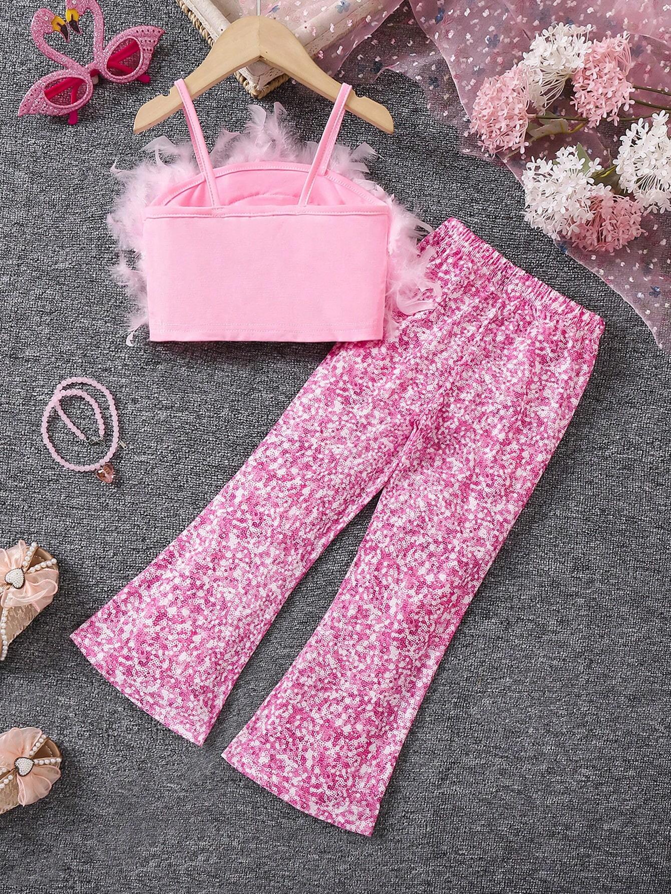Young Girls Y2K Millennium Style 2-Piece Printed Pants & Feather Patchwork Crop Top Set