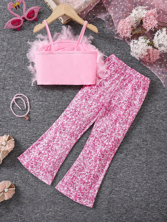 Young Girls Y2K Millennium Style 2-Piece Printed Pants & Feather Patchwork Crop Top Set