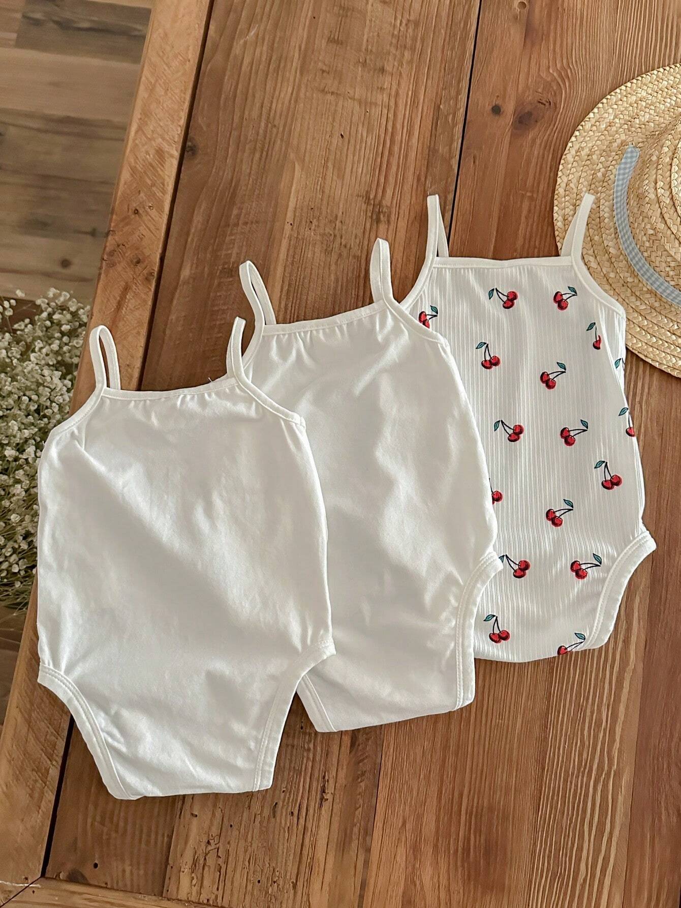 3pcs Baby Girl Casual Knitted Cartoon Patterned Romper With Open Crotch Strap Top
