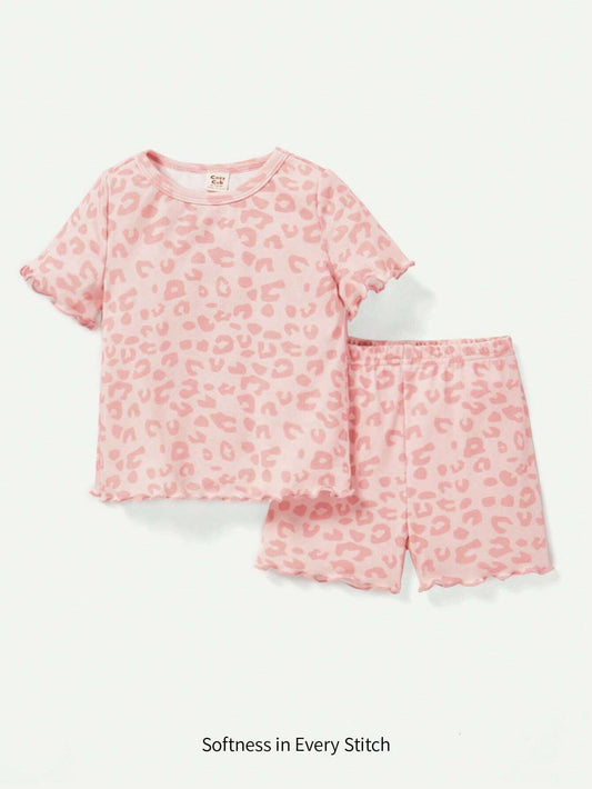 Baby Girls' Round Neck Short Sleeve Leopard Print Top And Shorts Set Matching Set Pink