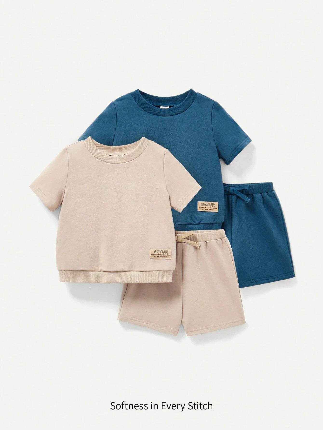 4pcs Baby Boy's Short Sleeve T-Shirt With Woven Label And Shorts Set Khaki