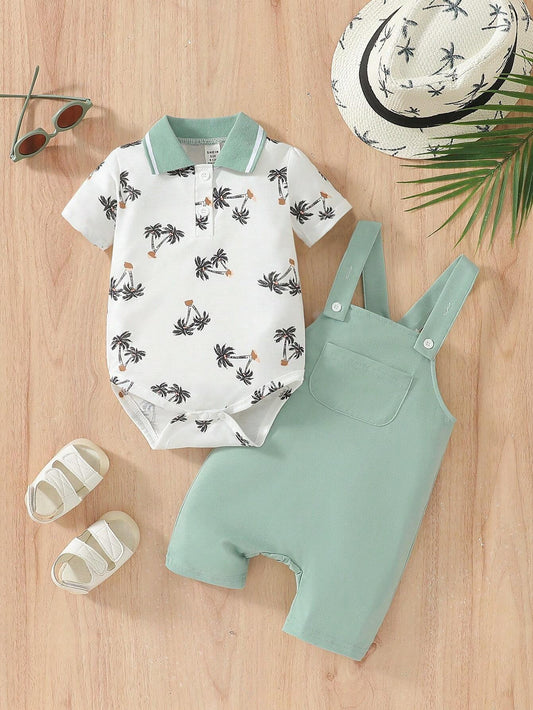 Baby Boys" Casual Polo Collar Romper And Overalls Set Green