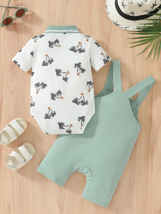Baby Boys" Casual Polo Collar Romper And Overalls Set