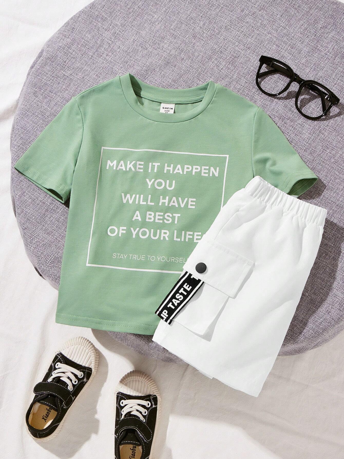 2pcs Young Boys' Street Style Slogan Printed Round Neck T-Shirt With 3d Pocket & Weave Ribbon Detailing And Colorblock Four Button Shorts Set Green