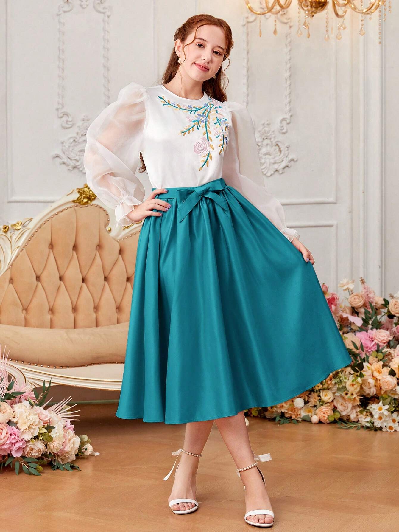 2pcs/Set Teenage Girl's Embroidered Puff Sleeve Shirt And Skirt Teal Blue