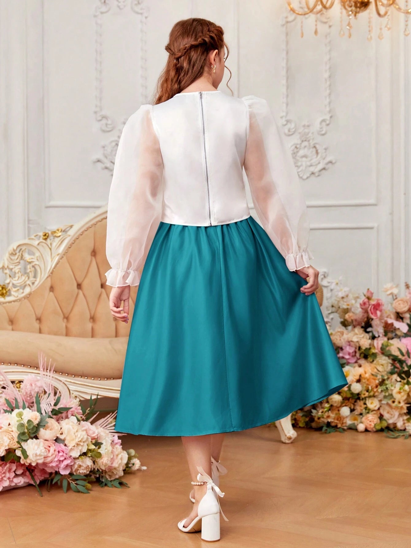 2pcs/Set Teenage Girl's Embroidered Puff Sleeve Shirt And Skirt