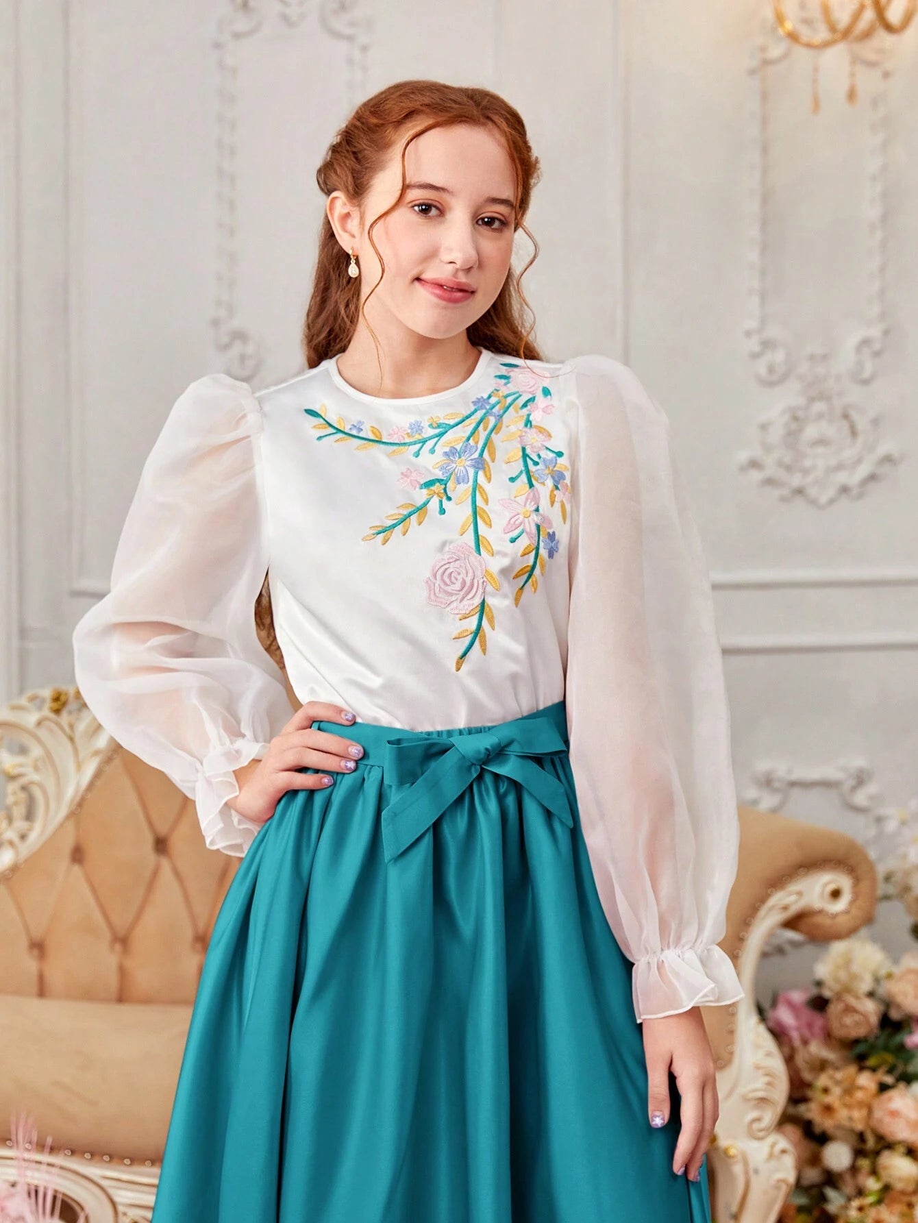 2pcs/Set Teenage Girl's Embroidered Puff Sleeve Shirt And Skirt