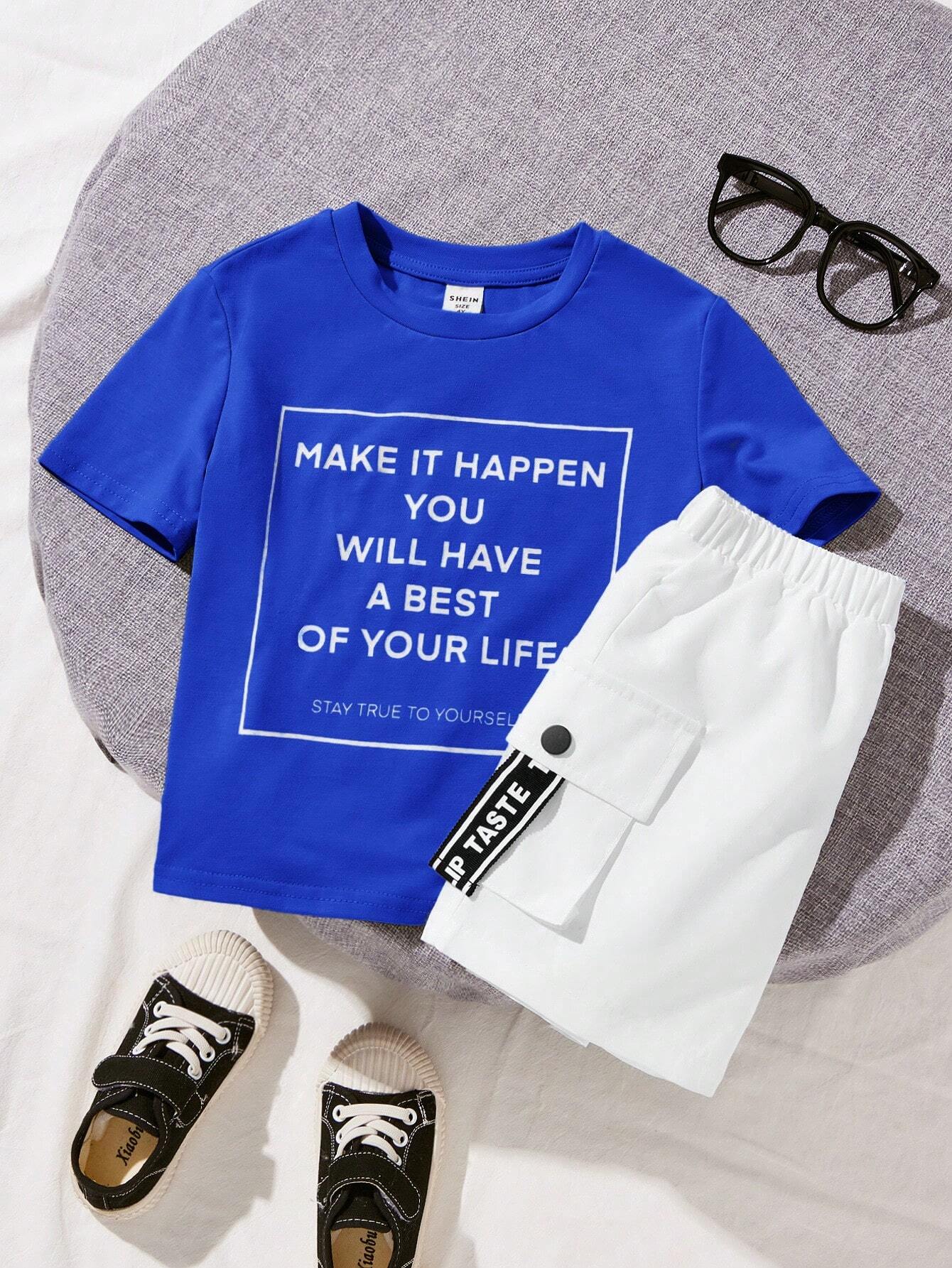 2pcs Young Boys' Street Style Slogan Printed Round Neck T-Shirt With 3d Pocket & Weave Ribbon Detailing And Colorblock Four Button Shorts Set Blue