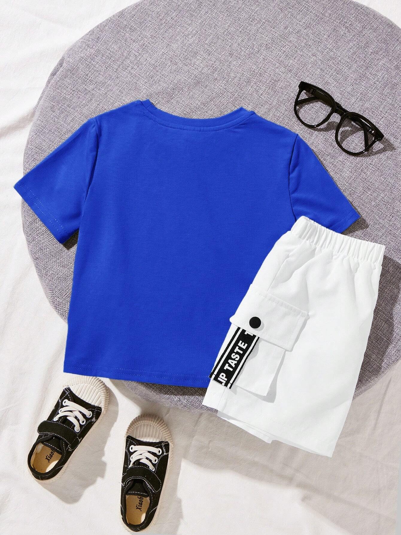 2pcs Young Boys' Street Style Slogan Printed Round Neck T-Shirt With 3d Pocket & Weave Ribbon Detailing And Colorblock Four Button Shorts Set