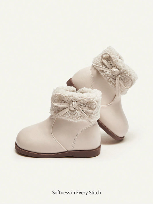Cozy Pixies Cute Fashionable Bowknot Design Plush Lined Warm Baby Soft Sole Anti-slip Short Boots Beige