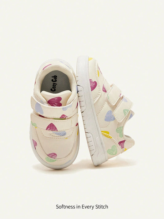 Baby Girls' Super Soft Heart Printed Anti-collision Toe And Anti-slip Sole Sneakers White