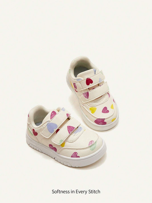 Baby Girls' Super Soft Heart Printed Anti-collision Toe And Anti-slip Sole Sneakers