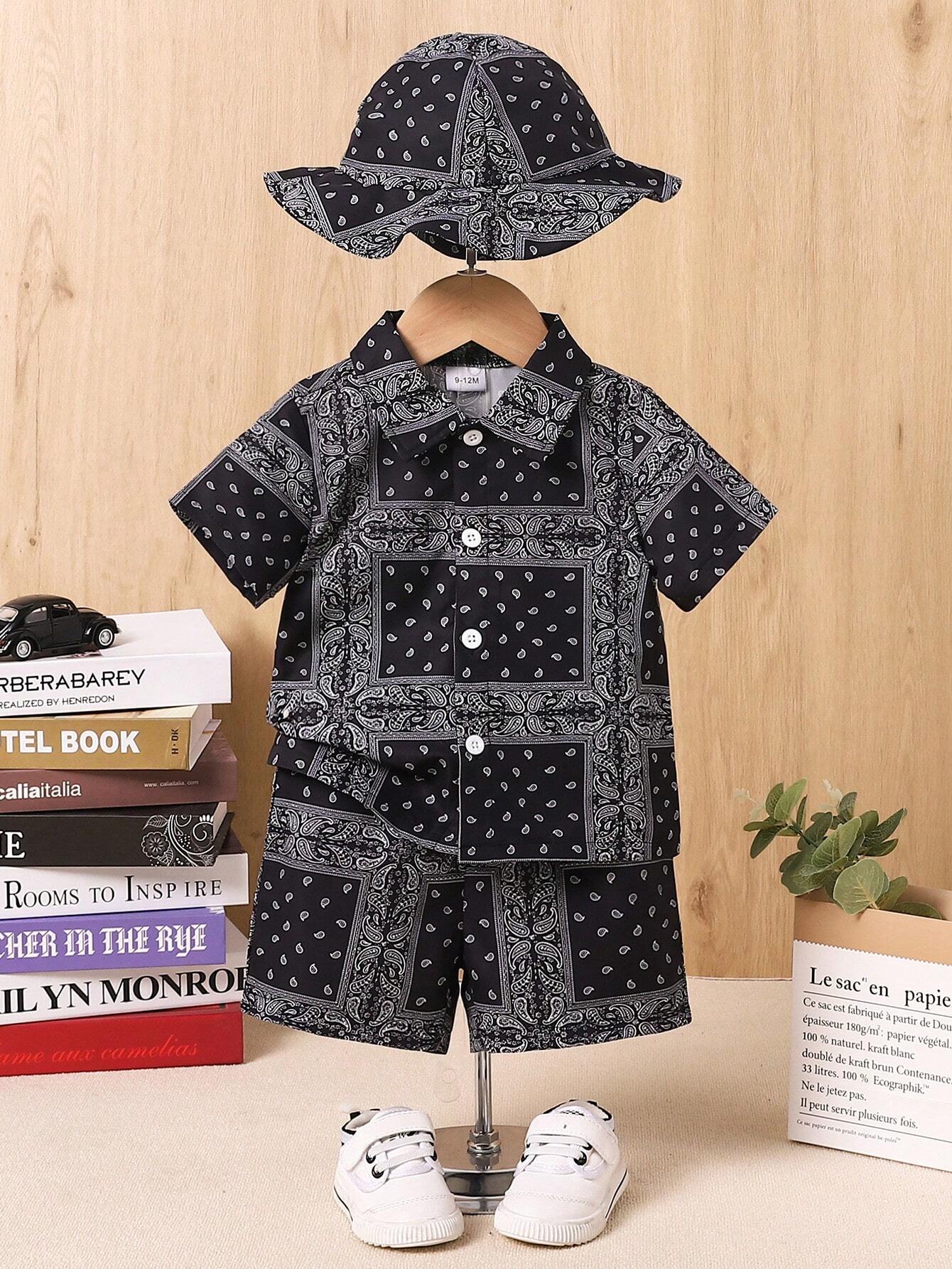 Baby Boy 3PCS Casual Paisley Scarf Print Print Shirt And Shorts Set And Hat Black