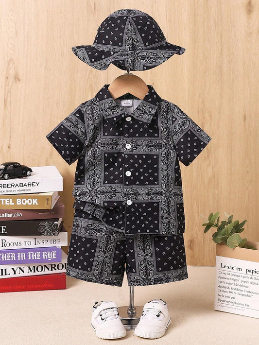Baby Boy 3PCS Casual Paisley Scarf Print Print Shirt And Shorts Set And Hat Black