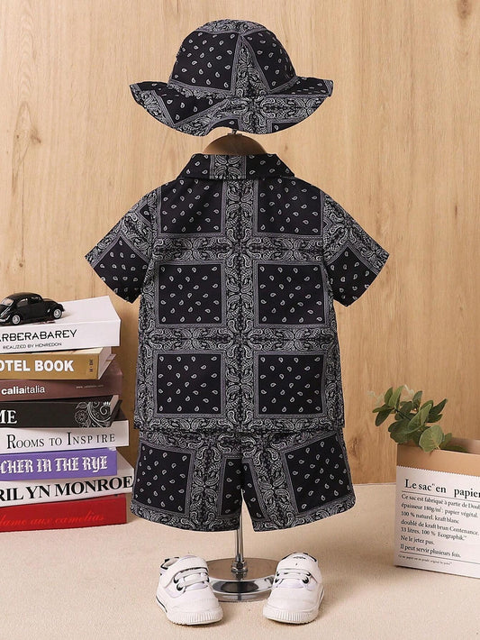 Baby Boy 3PCS Casual Paisley Scarf Print Print Shirt And Shorts Set And Hat